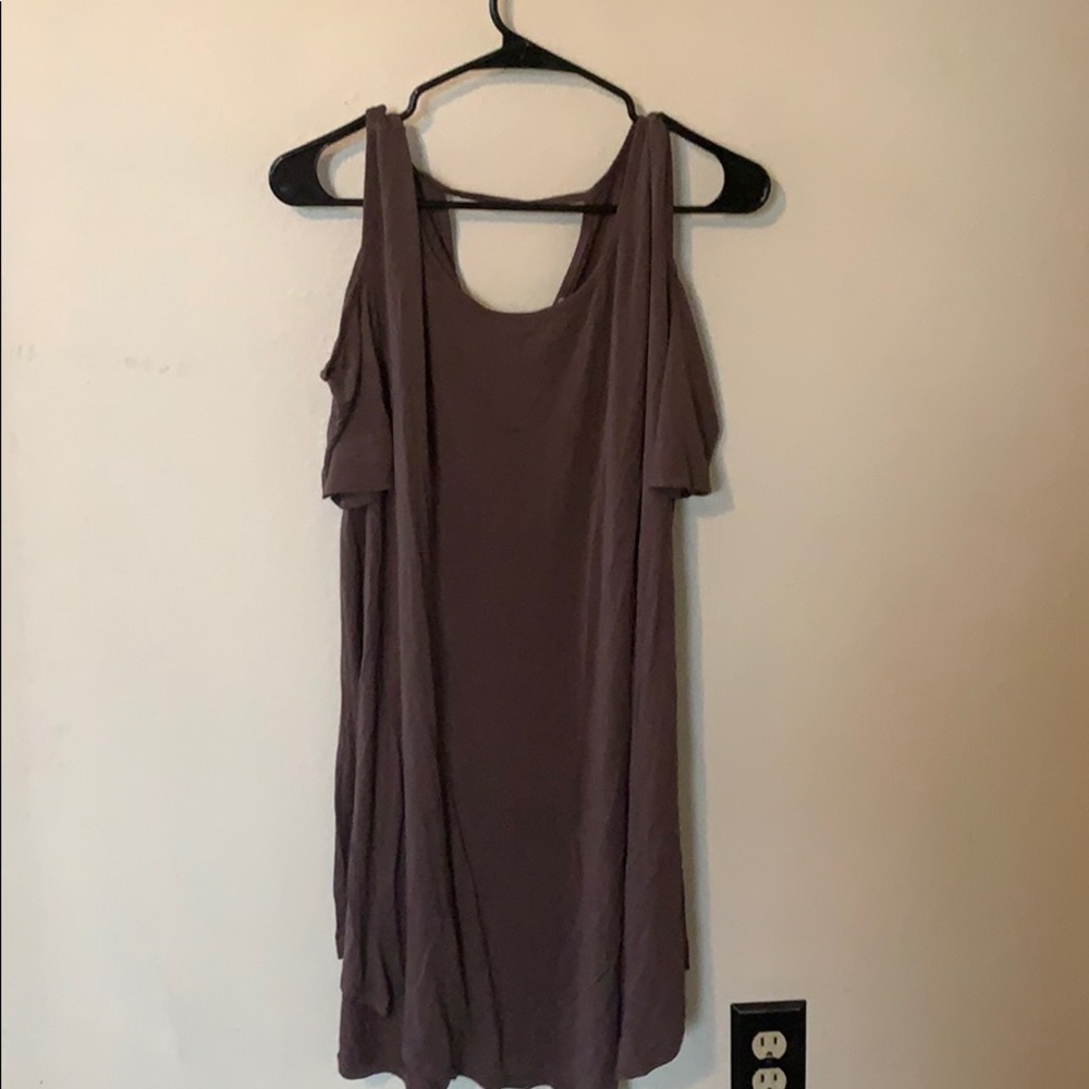 Mocha colored cold shoulder dress.
